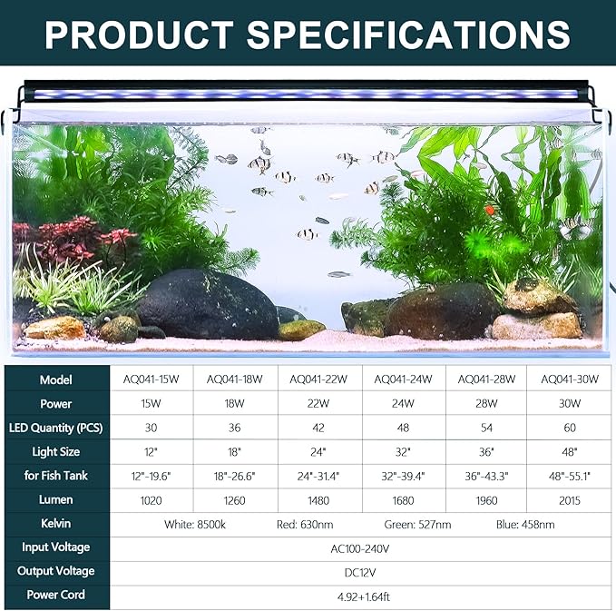 AQQA Aquarium Light with 14 Fish Tank Light Modes Adjustable Brightness Timer 15W LED Aquarium Light for Plants， Aluminum Alloy Shell Extendable Brackets Fit for 12-20 Inch Fish Tank AQQA
