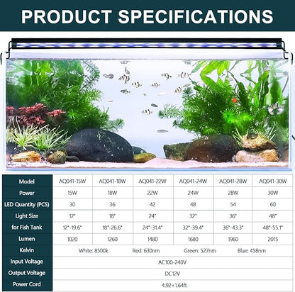 AQQA Aquarium Light with 14 Fish Tank Light Modes Adjustable Brightness Timer 15W LED Aquarium Light for Plants， Aluminum Alloy Shell Extendable Brackets Fit for 12-20 Inch Fish Tank AQQA