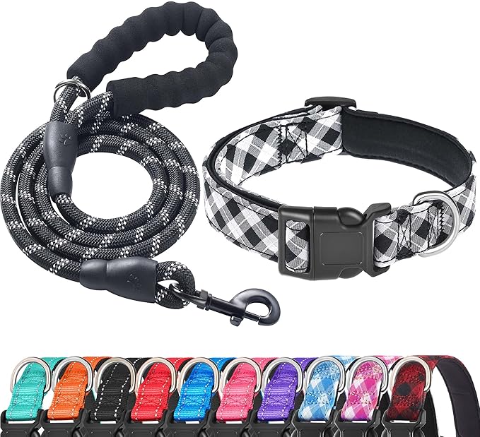 Reflective Dog Collar Padded with Soft Neoprene Breathable Adjustable Nylon Dog Collars for Small Medium Large Dogs (Large (Pack of 1), Black Plaid Collar+Leash) ladoogo