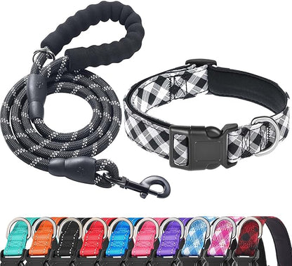 Reflective Dog Collar Padded with Soft Neoprene Breathable Adjustable Nylon Dog Collars for Small Medium Large Dogs (Large (Pack of 1), Black Plaid Collar+Leash) ladoogo