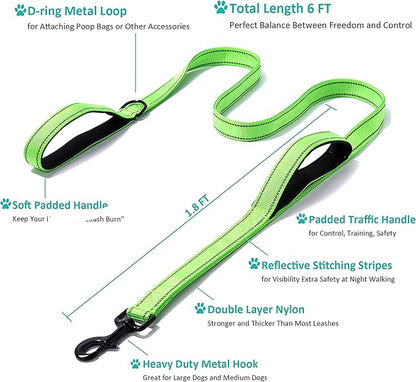 Heavy Duty Dog Leash - 2 Handles by Padded Traffic Handle for Extra Control, 6foot Long - Perfect for Medium to Large Dogs (6 ft, Bright Green) JEWOSTER