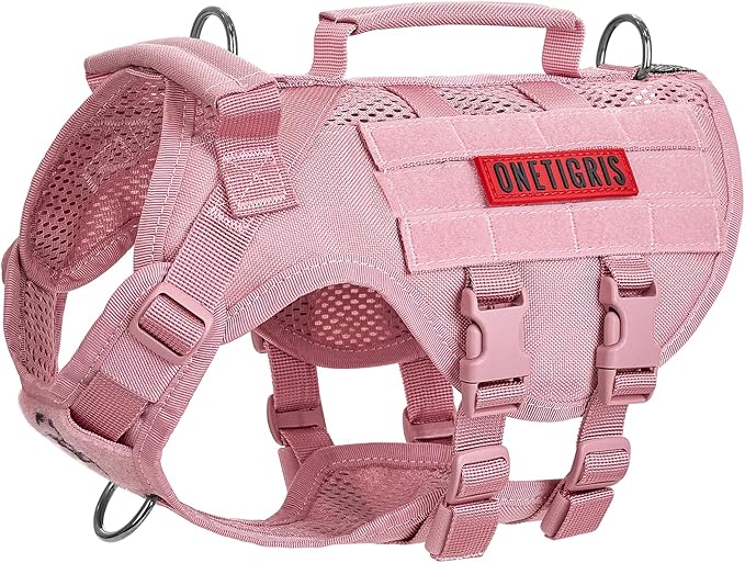 OneTigris Tactical Dog Harness for Small Dog, No Pull Small Dog Vest Harness with Handles Breathable Military Dog Molle Vests, Harness for Walking Hiking Training (Pink, XS) OneTigris
