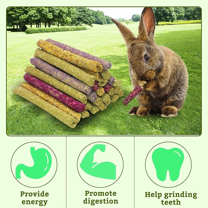 Fhiny 68 PCS Rabbit Chew Sticks, Natural Petals Timothy Hay Sticks Guinea Pig Chewing Toys for Teeth Small Animals Molar Snacks for Bunny Guinea Pig Chinchilla Hamster Fhiny