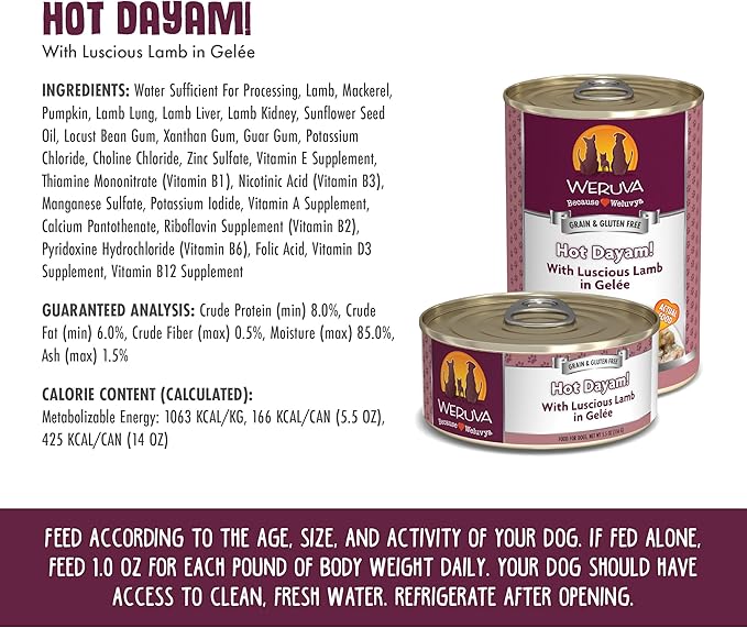 Weruva Classic Dog Food, Hot Dayam! with Lamb in Gelée, 14oz Can (Pack of 12) - PAWPICO