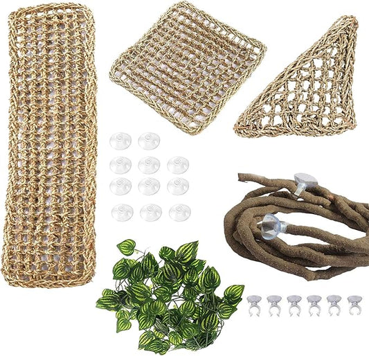 PINVNBY Bearded Dragon Hammock Lizard Natural Seagrass Habitat Reptile Tank Accessories Jungle Climber Vines Flexible Leaves Decor for Climbing Reptiles Lizards Chameleon Gecko Snakes PINVNBY