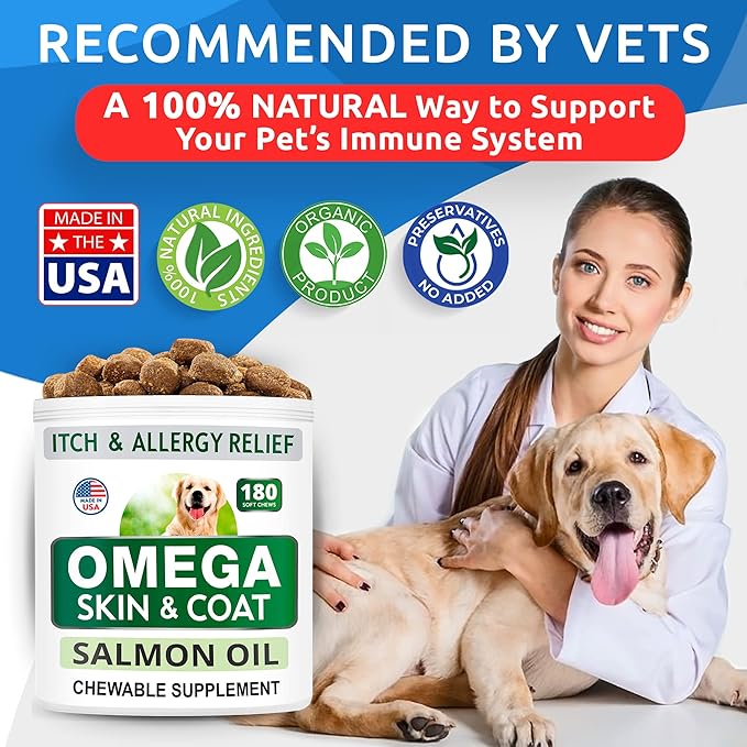 BARK&SPARK Omega 3 for Dogs - 180 Fish Oil Treats for Dog Shedding, Skin Allergy, Itch Relief, Hot Spots Treatment - Joint Health - Skin and Coat Supplement - EPA & DHA Fatty Acids - Salmon Oil BARKSPARK