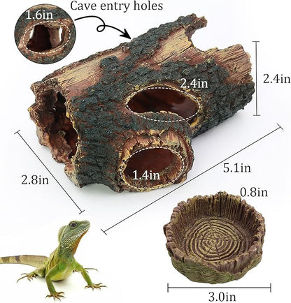 3Pcs Reptile Hide Cave Small Lizard Reptile Food＆Water Bearded Dragon Bowls Accessories,Natural Resin Hollow Tree Trunk Hideout,Hermit Crab Supplies Trunk Snake Gecko Frogs Fish Tanks Decor Dexspoeny