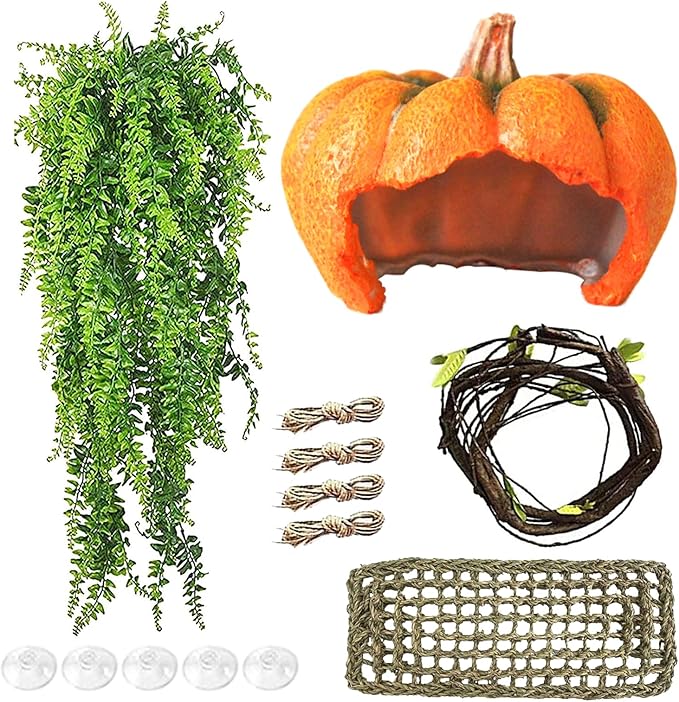 Reptile Resin Pumpkin Hut, Crested Gecko Habitat Hideout Cave Bearded Dragon Hammock Lizard Natural Seagrass Lounger Leopard Gecko Tank Accessories with Jungle Climber Vines for Chameleon(4PCS) MUYG
