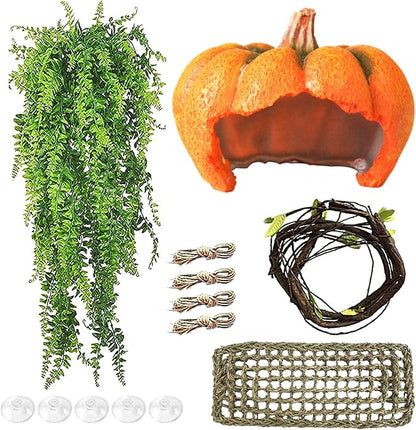Reptile Resin Pumpkin Hut, Crested Gecko Habitat Hideout Cave Bearded Dragon Hammock Lizard Natural Seagrass Lounger Leopard Gecko Tank Accessories with Jungle Climber Vines for Chameleon(4PCS) MUYG