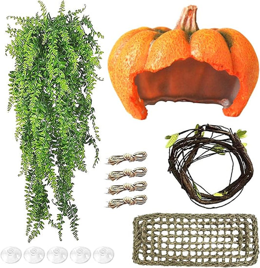 Reptile Resin Pumpkin Hut, Crested Gecko Habitat Hideout Cave Bearded Dragon Hammock Lizard Natural Seagrass Lounger Leopard Gecko Tank Accessories with Jungle Climber Vines for Chameleon(4PCS) MUYG