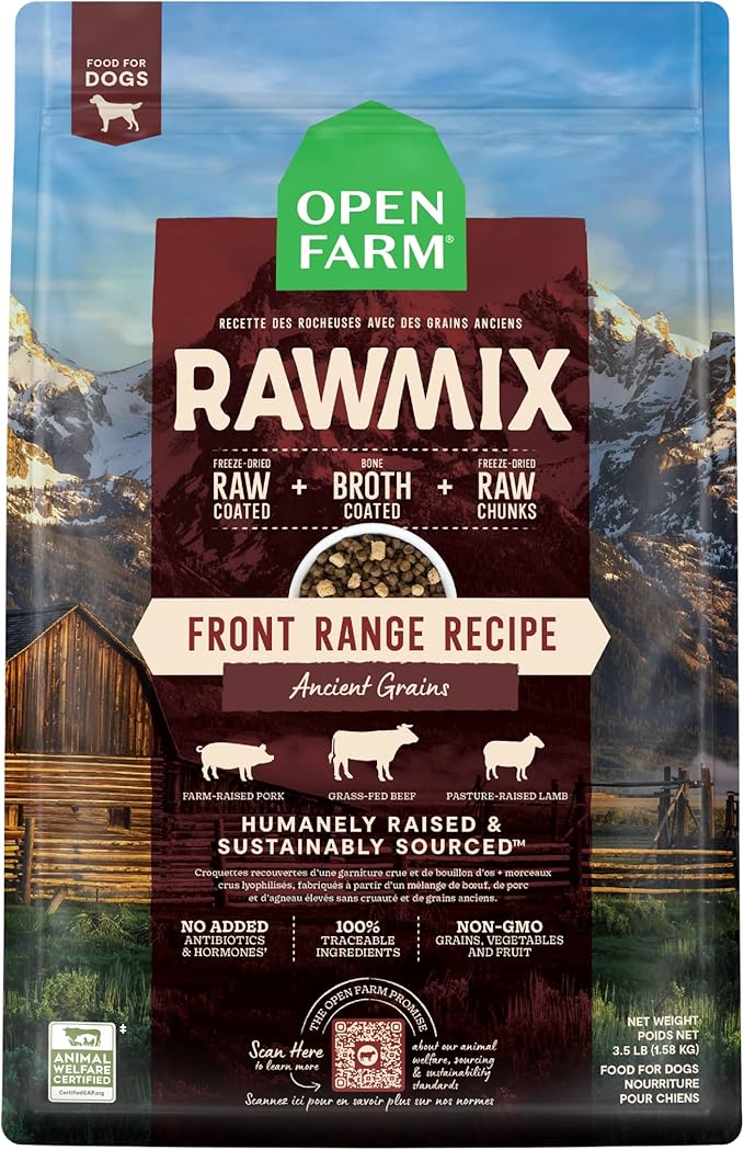Open Farm RawMix Ancient Grains Front Range Recipe for Dogs, Includes Kibble, Bone Broth, and Freeze Dried Raw, Inspired by The Wild, Humanely Raised Protein and Non-GMO Fruits and Veggies, 3.5 lb - PAWPICO