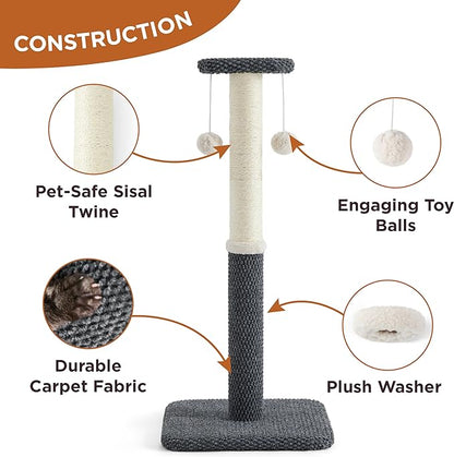 Lesure 29" Tall Cat Scratching Post - Premium Sisal Rope Highly Resistant Carpet Scratching Posts for Indoor Cats Adults, Sturdy Large Cat Scratch Pole with Hanging Ball, Grey(29 inch) - PAWPICO