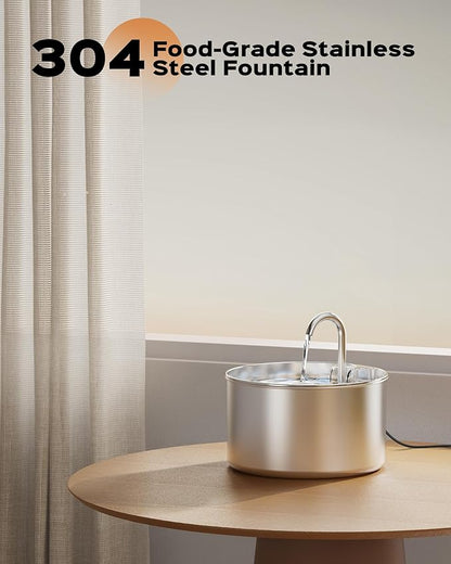 AOOGITF Cat Water Fountain + 6 Filters + 3 Sponges, 304 Stainless Steel Pet Water Fountain, 24 Hours Keep The Water Clean, 74oz Capacity, Ultra-Quiet, No Sputter, Compact, Easy Cleaning - PAWPICO