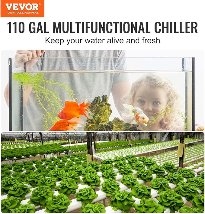 VEVOR Aquarium Chiller, 110 Gal 416 L, 1/3 HP Hydroponic Water Chiller, Quiet Refrigeration Compressor for Seawater and Fresh Water, Fish Tank Cooling System with Pump/Hose, for Jellyfish, Coral Reef VEVOR