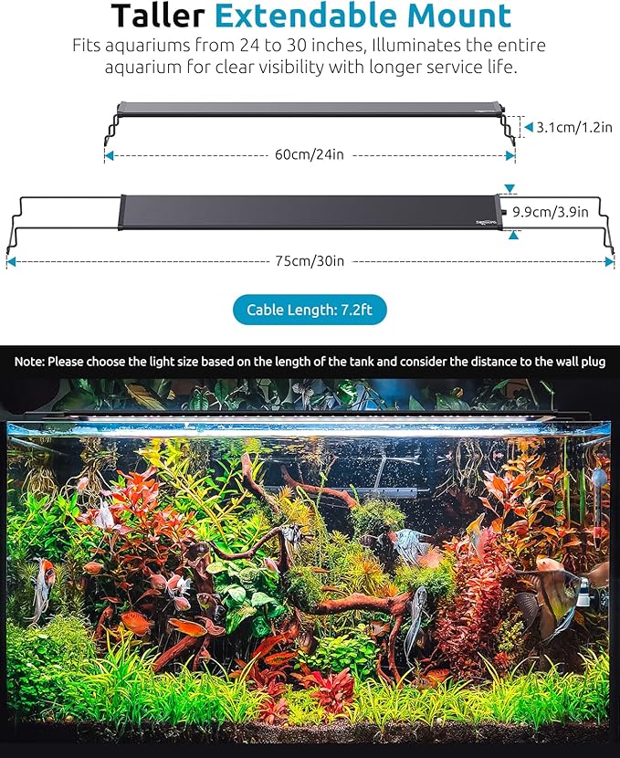 Aquarium Light for Fish Tank, 24/7 Custom Timer, Power-Off Memory, 7-Row LED 24-30in SEAOURA Full Spectrum Fish Tank Lights, 8 Colors, 20 Brightness, Day&Night Cycle, Adjustable Mount for Freshwater SEAOURA