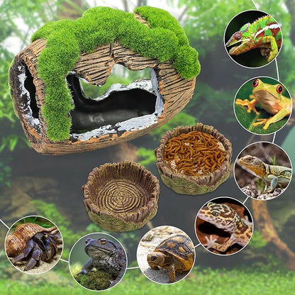 Gecko Hide Cave with 2Pcs Feeder, Reptile Hideout for Hermit Crab, Bearded Dragon,Lizard,Turtles,Snake Reptile Hideout Cave,Reptile Habitat Terrarium Tanks Decor Accessorie Dexspoeny