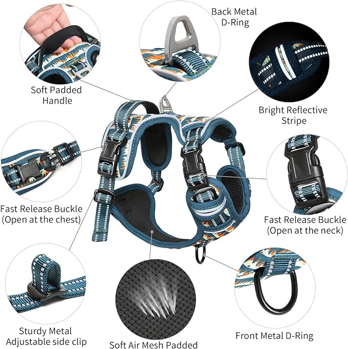 Timos Dog Harness, NO Need Go Over Dogs Head 3 Snap Buckles Pet Harness with 2 Leash Clips, Adjustable Soft Padded No-Pull Dog Harness, Reflective No-Choke Pet Oxford Vest for Small Medium Large Dogs Timos