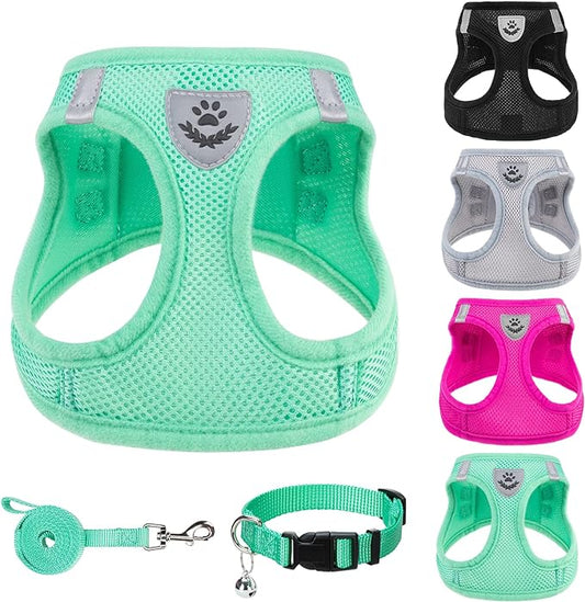 PUPTECK Adjustable Dog Harness Collar and Leash Set Step in No Pull Pet Harness for Small Medium Dogs Puppy and Cats Outdoor Walking Running, Soft Mesh Padded Reflective Vest Harnesses, Solid Green XS PUPTECK