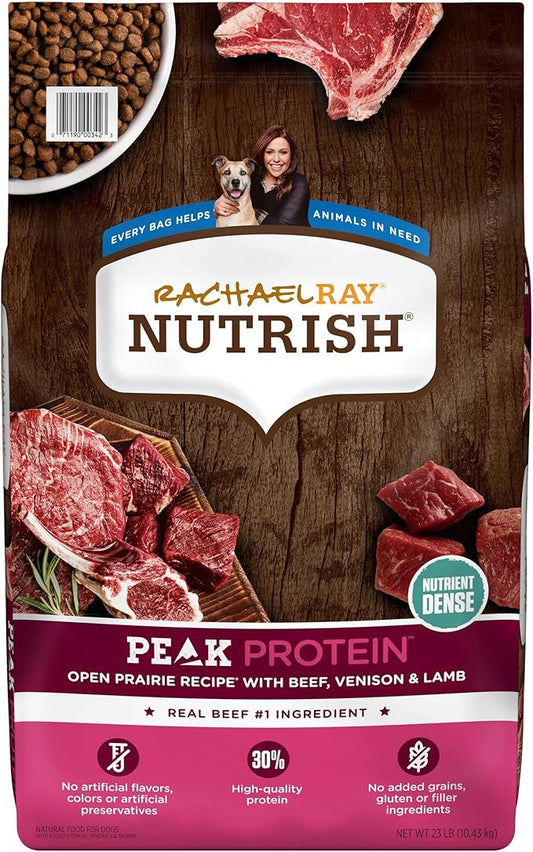 Rachael Ray Nutrish PEAK Natural Dry Dog Food, Open Prairie Recipe with Beef, Venison & Lamb, 23 Pounds, Grain Free (Packaging May Vary) - PAWPICO