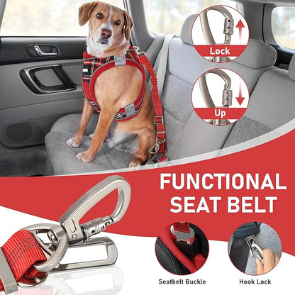 GAMUDA Dog Harness, Collar and Seat Belt Set, Vehicle Safety Harness, Retractable Adjustable Pet Seatbelts with Travel Strap and Carabiner for Most Cars (Red, M) GAMUDACollarsCollection