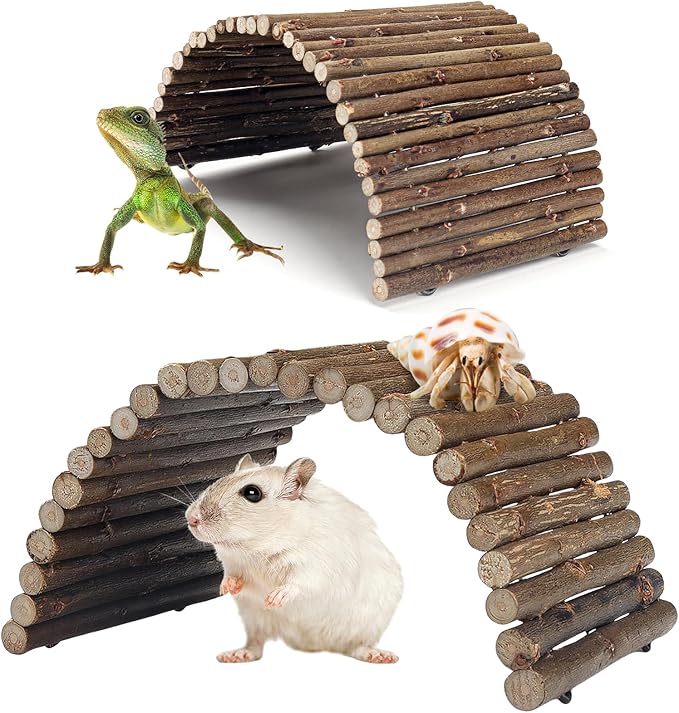 2PCS Reptile Hideout Hermit Crab Bendable Wooden Bridge, Wooden Hermit Crab Hideout Climbing Toys, Reptile Tank Habitat Decor Wooden Hiding Hut for Hermit Crab Lizards Mouse Spiders QUOZUO
