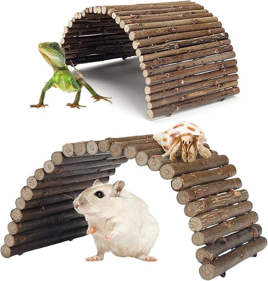 2PCS Reptile Hideout Hermit Crab Bendable Wooden Bridge, Wooden Hermit Crab Hideout Climbing Toys, Reptile Tank Habitat Decor Wooden Hiding Hut for Hermit Crab Lizards Mouse Spiders QUOZUO