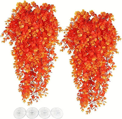 Hamiledyi Fake Reptile Plants 2 Pack Hanging Fake Plants, Plants for Reptiles with Suction Cup, Fake Amphibian Plants for Bearded Dragon Lizard Geckos Chameleon Tank (Orange) Hamiledyi