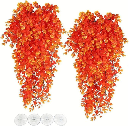 Hamiledyi Fake Reptile Plants 2 Pack Hanging Fake Plants, Plants for Reptiles with Suction Cup, Fake Amphibian Plants for Bearded Dragon Lizard Geckos Chameleon Tank (Orange) Hamiledyi