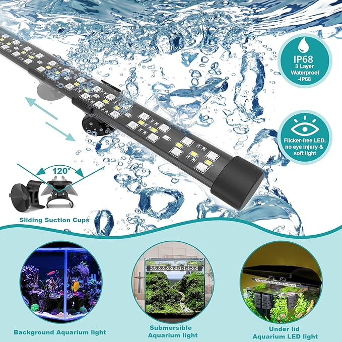 Submersible Aquarium Light for Fish Tank, 24/7 Cycle Fish Tank Light with Timer, Full Spectrum+7 Single Colors, Auto On/Off, Adjustable Brightness (18.9 Inch for 20-35inch Tank) SEAOURA