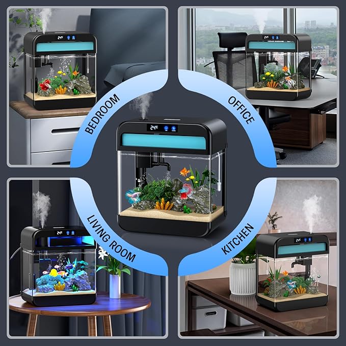 Fish Tank Small Aquarium 2.2 Gal Fish Bowl with Humidifier 7 Color Auto-Looping Light 3 in 1 Quiet Pump with Filteration & Oxygenation & Circulation, Temperature Display, HD Glass, Thickened Base Focusonhomelifeandhealth