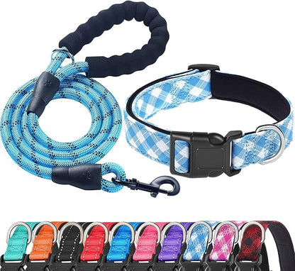 Reflective Dog Collar Padded with Soft Neoprene Breathable Adjustable Nylon Dog Collars for Small Medium Large Dogs (Large (Pack of 1), Vivid Blue Plaid Collar+Leash) ladoogo