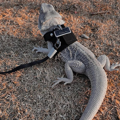 3 Pack Bearded Dragon Harness and Leash Set - Adjustable Soft Leather Lizard Harness with Retractable Leash Small Animal Traction Rope Walking Vest Accessories for Reptile Squirrel Rat (Black) SEZDEKI