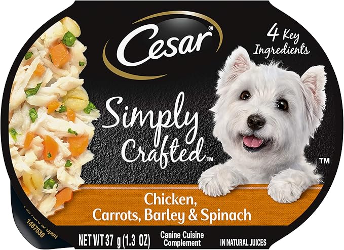 CESAR SIMPLY CRAFTED Adult Wet Dog Food Meal Topper, Chicken, Carrots, Barley & Spinach, 1.3oz., Pack of 10 - PAWPICO
