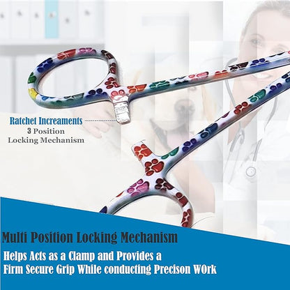 Dog Pet Ear/Nose Hair Puller Grooming Hemostat Locking Forceps Pliers, 5.5" (14cm), Straight (White Multi Paws) A2Z+SCILAB