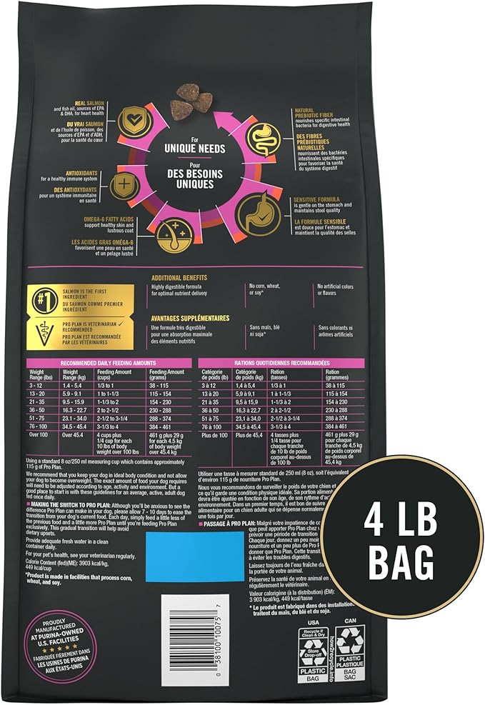 Purina Pro Plan Sensitive Skin and Stomach Dog Food Dry, Adult Salmon & Rice Formula, Digestive Health - 4 lb. Bag - PAWPICO