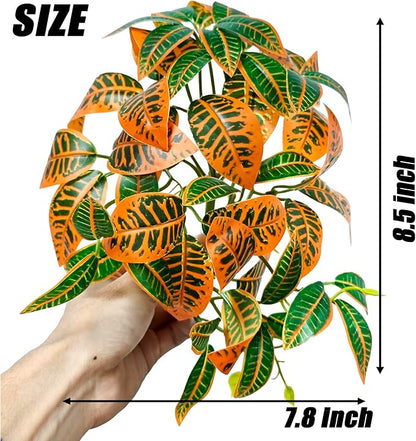 Woyrise 2 Pack Reptile Plants, Terrarium Hanging Plant Vines, Artificial Leaves with Suction Cup, Bearded Dragon Tank Accessories for Gecko Lizard Snake Frog Tortoise Decorations - Codiaeum Variegatum Woyrise