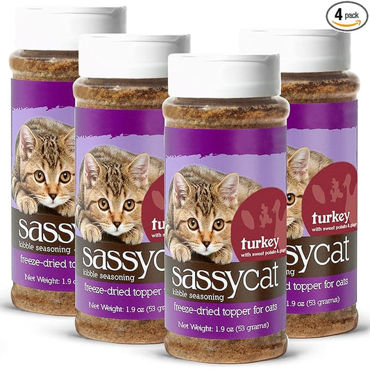 Herbsmith Sassy Cat Kibble Seasoning – Freeze Dried Turkey – Cat Food Topper for Picky Eaters – Turkey, Sweet Potato, Ginger [Bundle x4] - PAWPICO