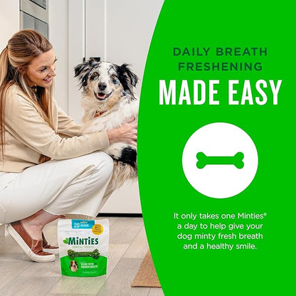 Minties Dental Chews for Dogs, 60 Count, Vet-Recommended Mint-Flavored Dental Treats for Medium Dogs 25-50 lbs, Dental Bones Clean Teeth, Fight Bad Breath, and Removes Plaque and Tartar Minties