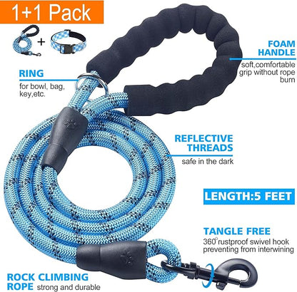 Reflective Dog Collar Padded with Soft Neoprene Breathable Adjustable Nylon Dog Collars for Small Medium Large Dogs (X-Small (Pack of 1), Vivid Blue Plaid Collar+Leash) ladoogo