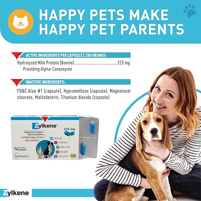 Vetoquinol Zylkene Behavior Support Capsules for Medium Dogs 33-65lbs, Calming All Natural Milk Protein Supplement, Helps Relieve Dog Anxiety During Fireworks and Thunder, 225mg Vetoquinol