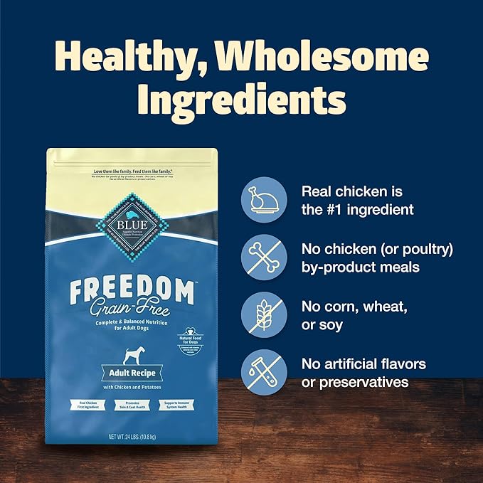 Blue Buffalo Freedom Grain-Free Dry Dog Food, Complete & Balanced Nutrition for Adult Dogs, Made in the USA With Natural Ingredients, Chicken & Potatoes, 11-lb Bag - PAWPICO
