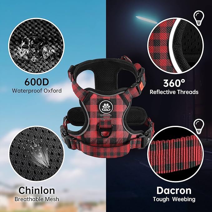 NESTROAD No Pull Dog Harness with Leash, Reflective No Choke Pet Vest Harness,Adjustable Soft Padded Dog Harness with Easy Control Handle for Large Dogs(Checkered Red,Large) NESTROAD