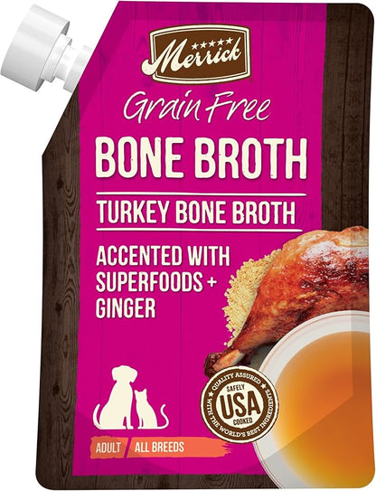 Merrick Grain Free Bone Broth, Premium Human Grade And Gluten Free Dog And Cat Food Topper Pouches, Turkey - 16 oz. Pouch - PAWPICO