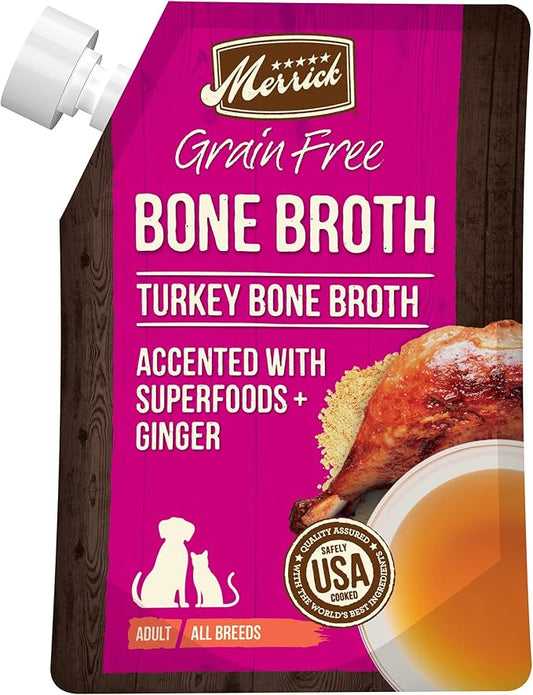 Merrick Grain Free Bone Broth, Premium Human Grade And Gluten Free Dog And Cat Food Topper Pouches, Turkey - 16 oz. Pouch - PAWPICO