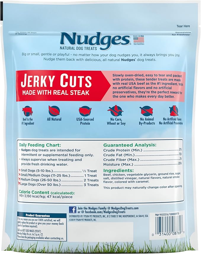 Blue Buffalo Nudges Jerky Cuts Natural Dog Treats, Steak, 10oz Bag - PAWPICO