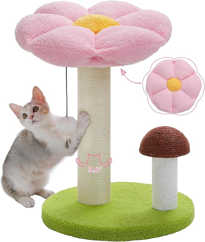 PETEPELA Cat Scratching Post, Mushroom Cat Scratcher Cute Cat Tree Tower with Thick Scratching Post & Removable Flower Cat Bed [Dia=15.7''], Tall Cat Post for Kittens and Indoor Small Cats, Pink - PAWPICO