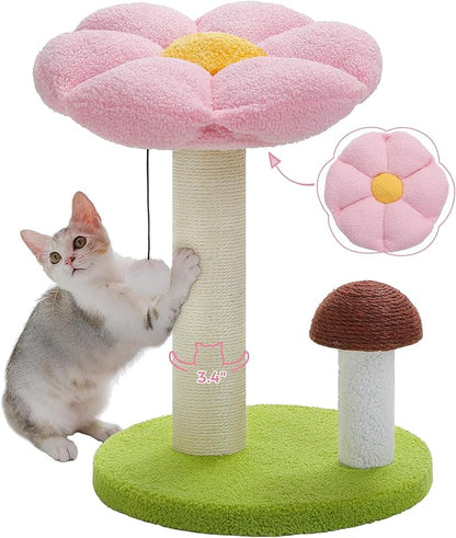 PETEPELA Cat Scratching Post, Mushroom Cat Scratcher Cute Cat Tree Tower with Thick Scratching Post & Removable Flower Cat Bed [Dia=15.7''], Tall Cat Post for Kittens and Indoor Small Cats, Pink - PAWPICO