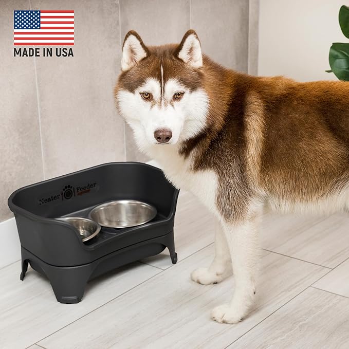 Neater Feeder - Express Model w/ Slow Feed Bowl - Mess-Proof Dog Bowls (M/L, Black) Made in USA – Elevated, No Spill, Non-Tip, Non-Slip, Raised Stainless Steel Food/Water Pet Bowls Aid Digestion - PAWPICO