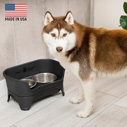 Neater Feeder - Express Model w/ Slow Feed Bowl - Mess-Proof Dog Bowls (M/L, Black) Made in USA – Elevated, No Spill, Non-Tip, Non-Slip, Raised Stainless Steel Food/Water Pet Bowls Aid Digestion - PAWPICO