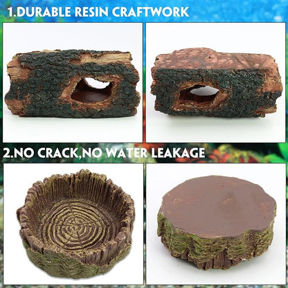 3Pcs Reptile Hide Cave Small Lizard Reptile Food＆Water Bearded Dragon Bowls Accessories,Natural Resin Hollow Tree Trunk Hideout,Hermit Crab Supplies Trunk Snake Gecko Frogs Fish Tanks Decor Dexspoeny